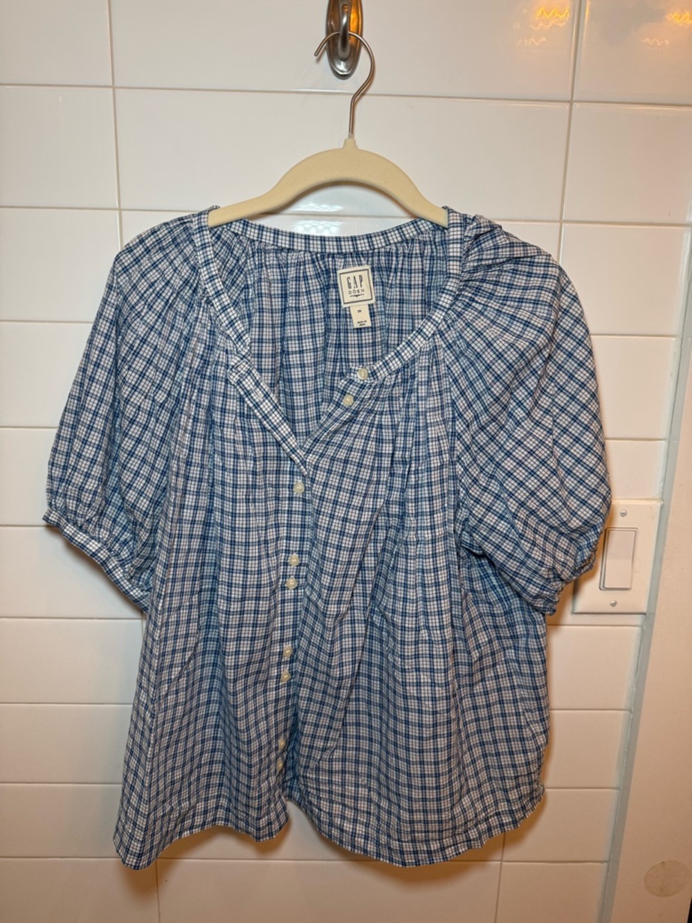 Gap Doen Blue Plaid Button Front Blouse